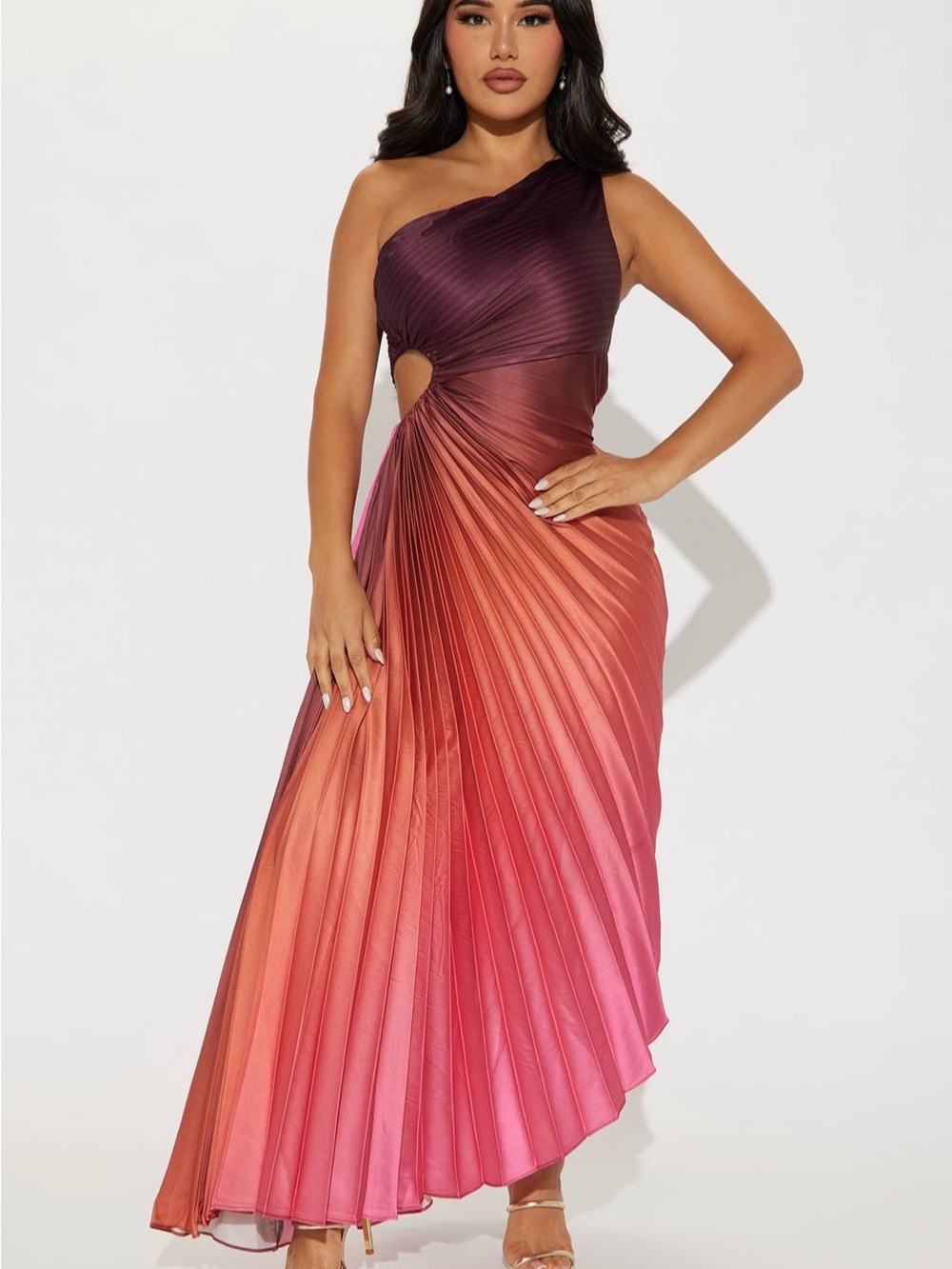 Fashion Nova One-Shoulder Ombre Pleated Midi Dress - Purple/Pink/Orange